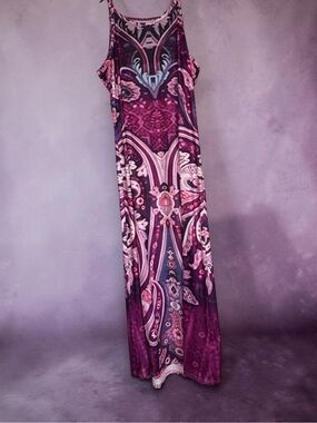 PLUS SIZE Women's Purple Patterned Maxi Dress - Sleeveless Flowing Design XXL